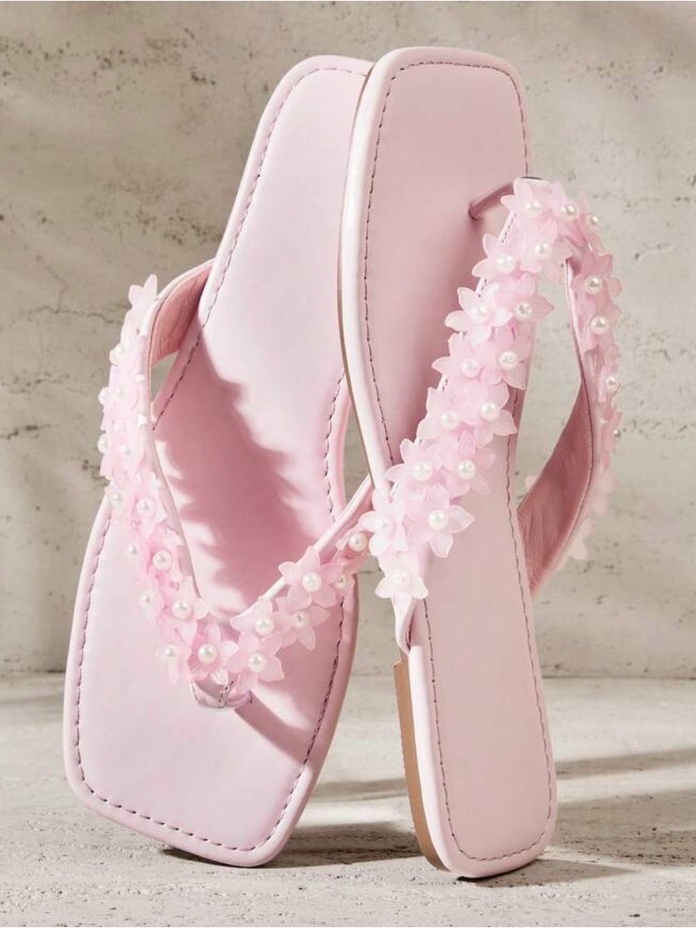 Women’s Pink Floral Pearl-Trim Flip Flops SHEIN never worn